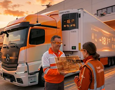 Un camión cogiendo la carga donde se ve que la temperatura es -18,1º y el conductor está pidiendo confirmación a una operaria