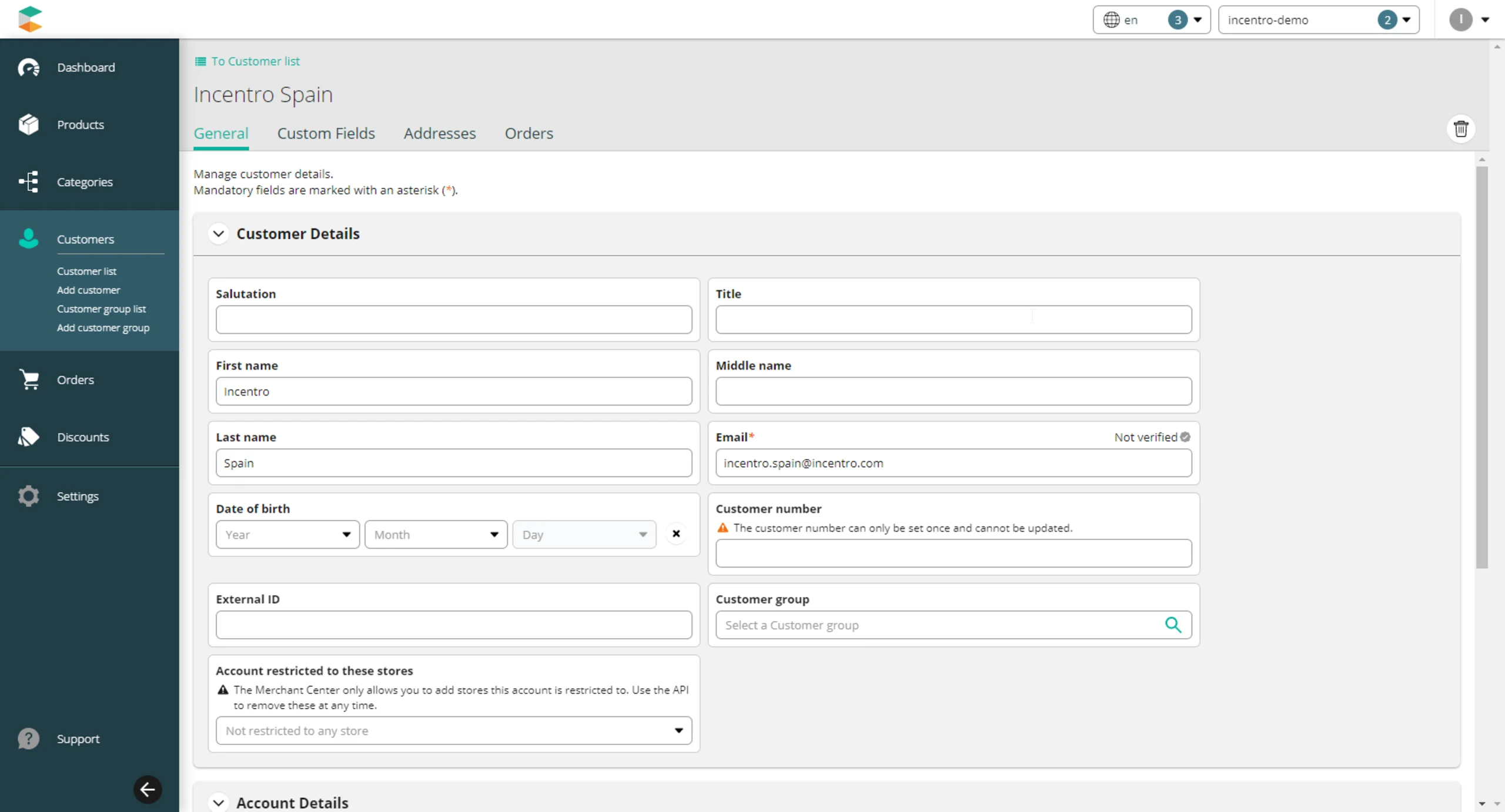 commercetools customer details
