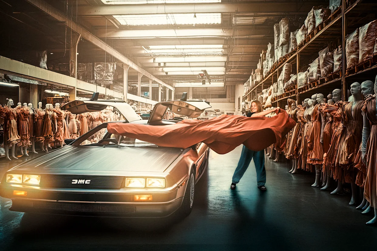 Image of a person revealing the DeLorean car from back to the future