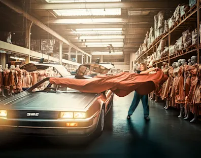 Image of a person revealing the DeLorean car from back to the future