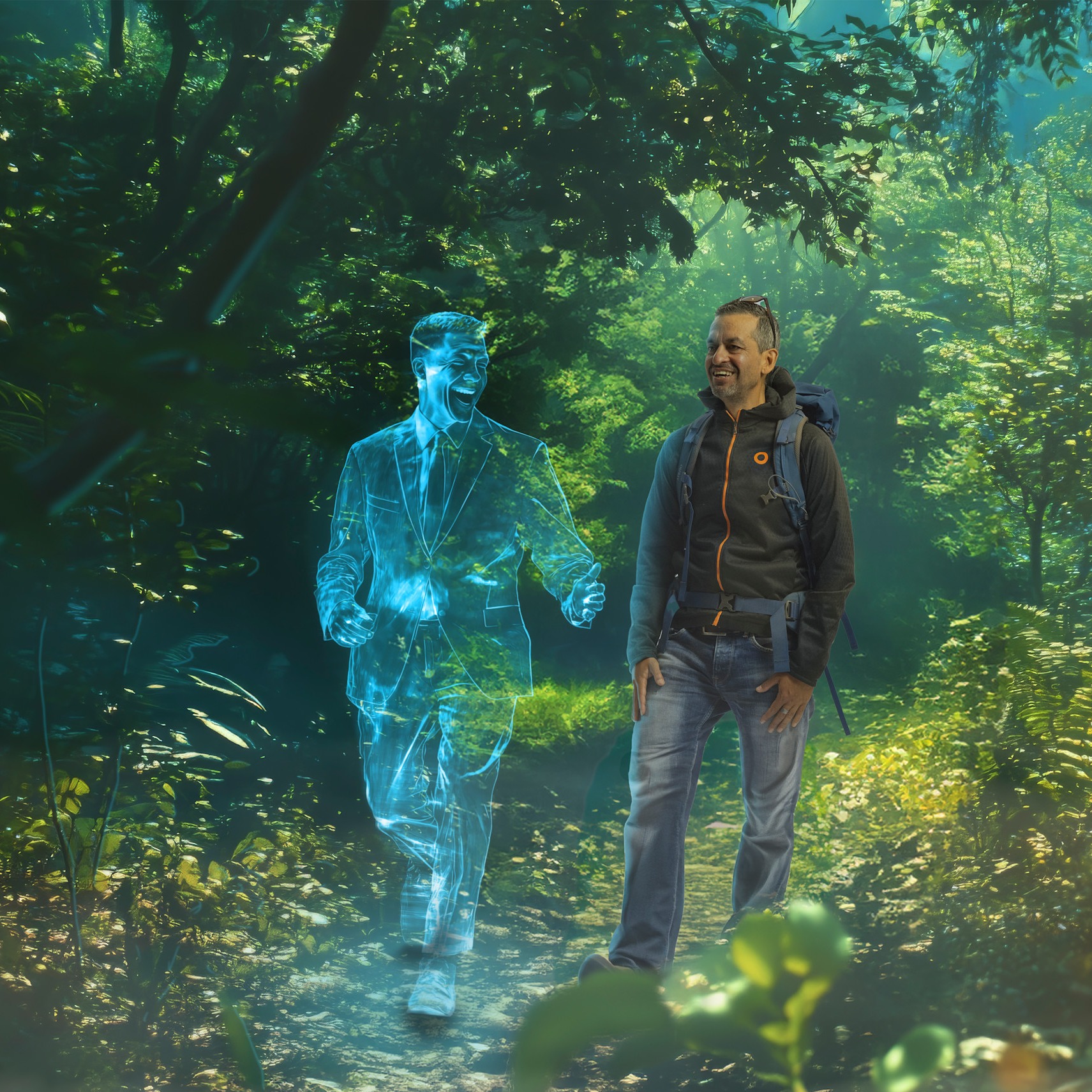 Image of a guy walking in the forest with an hologram walking together and laughing 