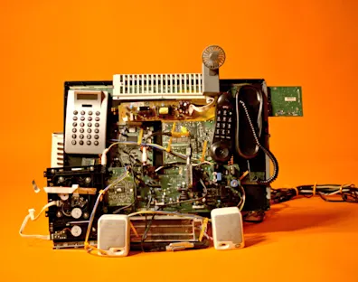 Imagen de una máquina con teclado a un lado pero abierta completamente donde se ven todos los circuitos. En uno de los lados cuelga un teléfono y en otro salen unos altavoces, pero se ven todos los circuitos internos.