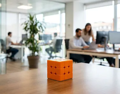 Oficina moderna con varios profesionales trabajando en equipo frente a sus ordenadores, mientras en primer plano destaca un cubo de Rubik naranja sobre una mesa.