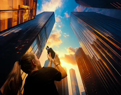 chica sacando una foto a los edificios en contrapicado