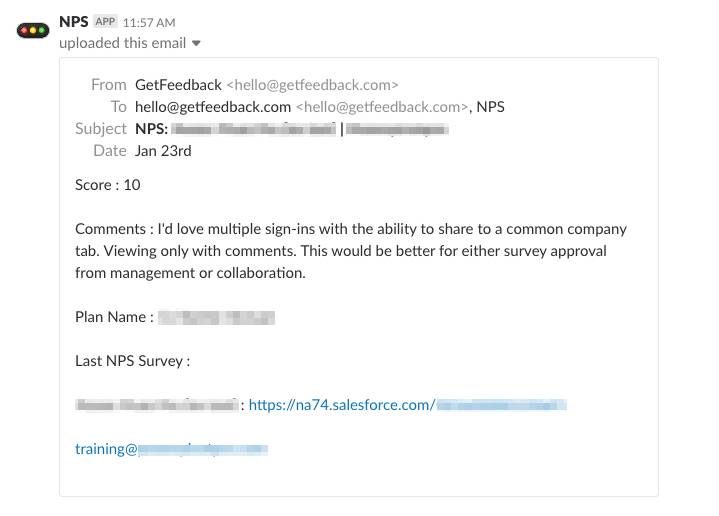 Net Promoter Score (NPS) survey response in Slack