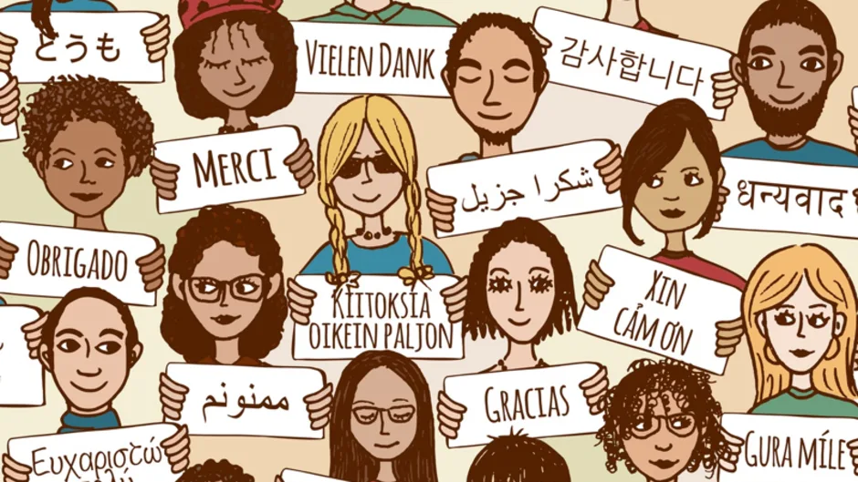 Image of different people and languages.