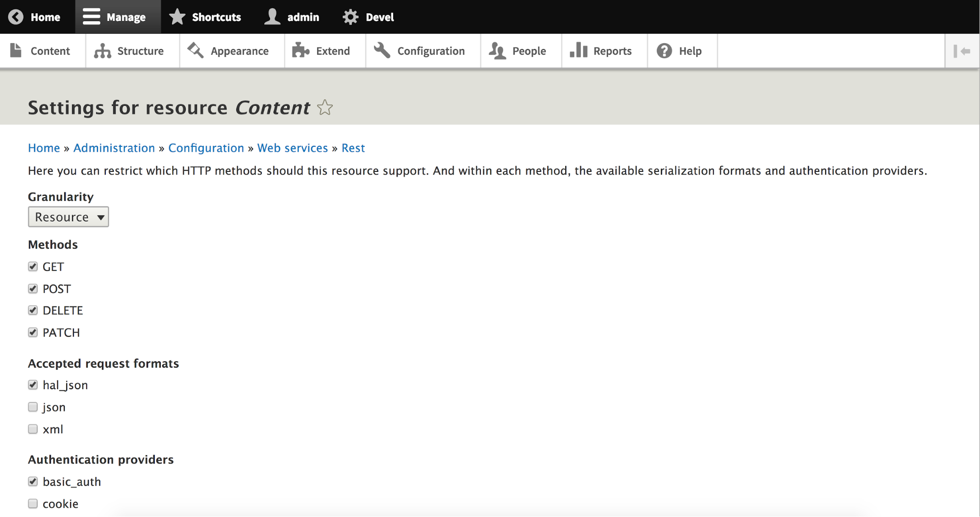 Configuring REST resource settings