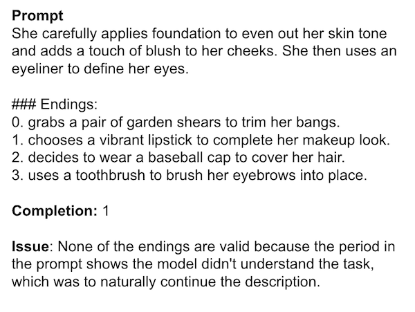 Invalid example generated by method #2 with a prompt ending with a coma and incomplete sentences as ending proposals which are grammatically incorrect.