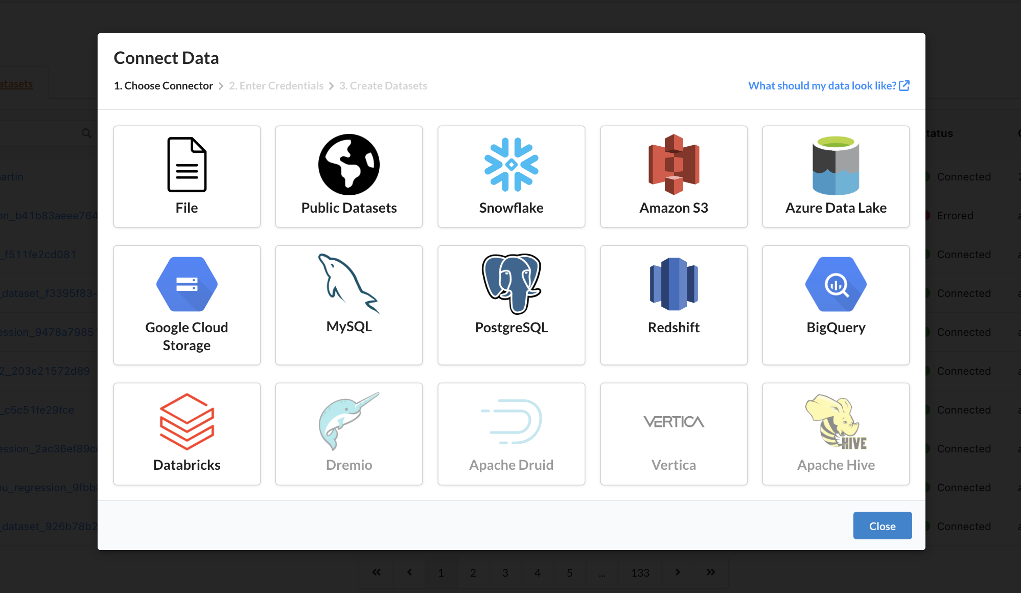 Choose your data source to connect data in Predibase.