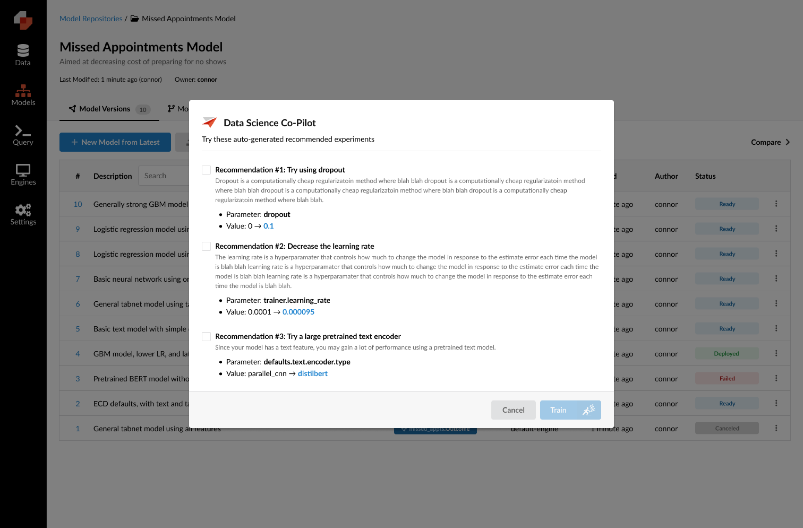 Guided iteration with modeling recommendations provided by our own LLM-powered Data Science Copilot.