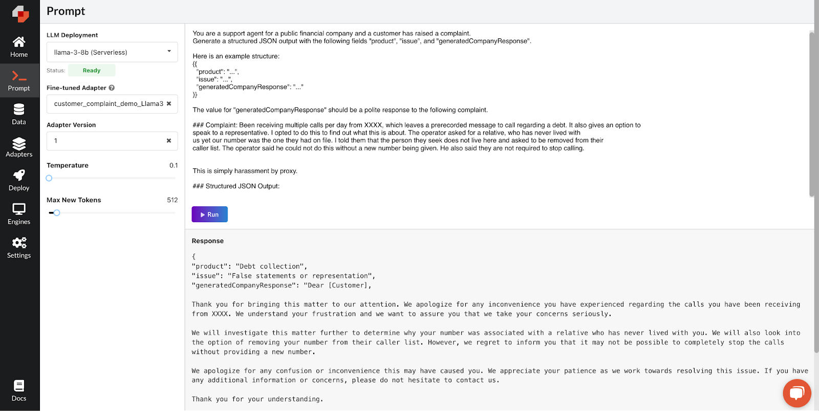 Response from our fine-tuned Llama-3 adapter in the UI