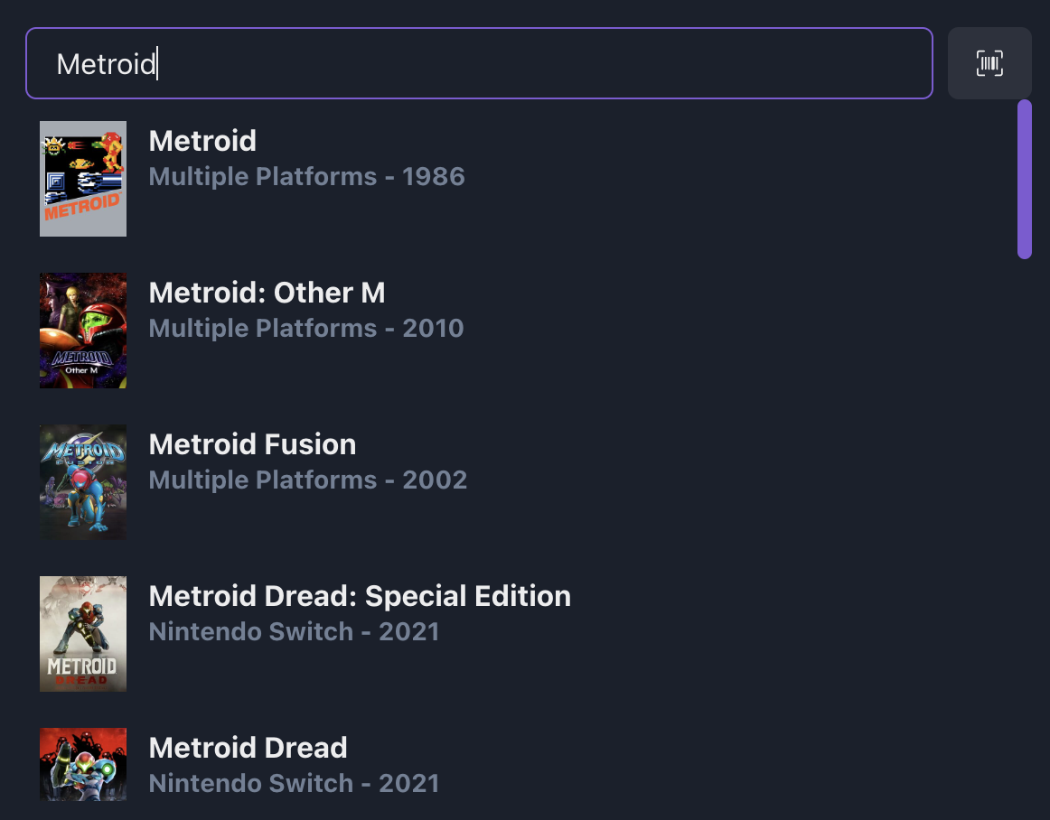Search box showing results for "Metroid"