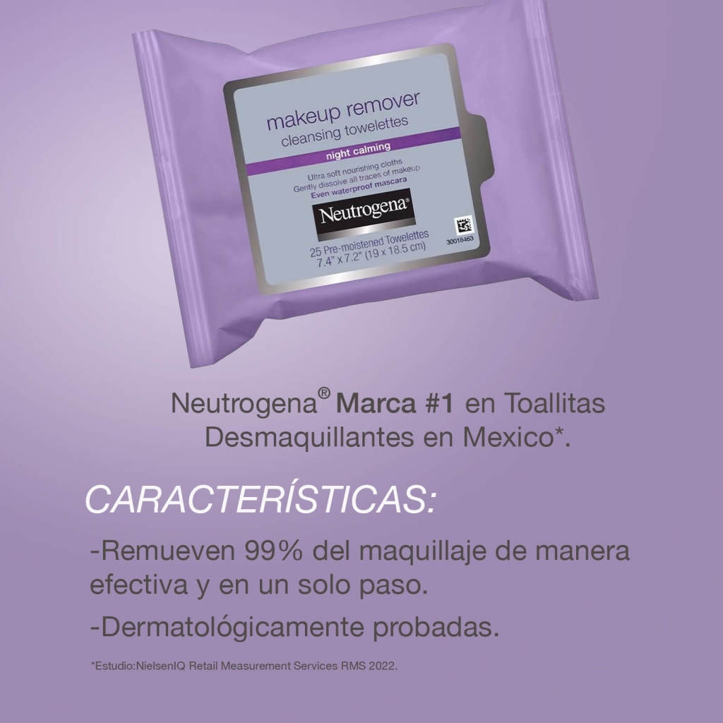  Toallitas desmaquillantes Neutrogena® Night Calming 25pzs - Características