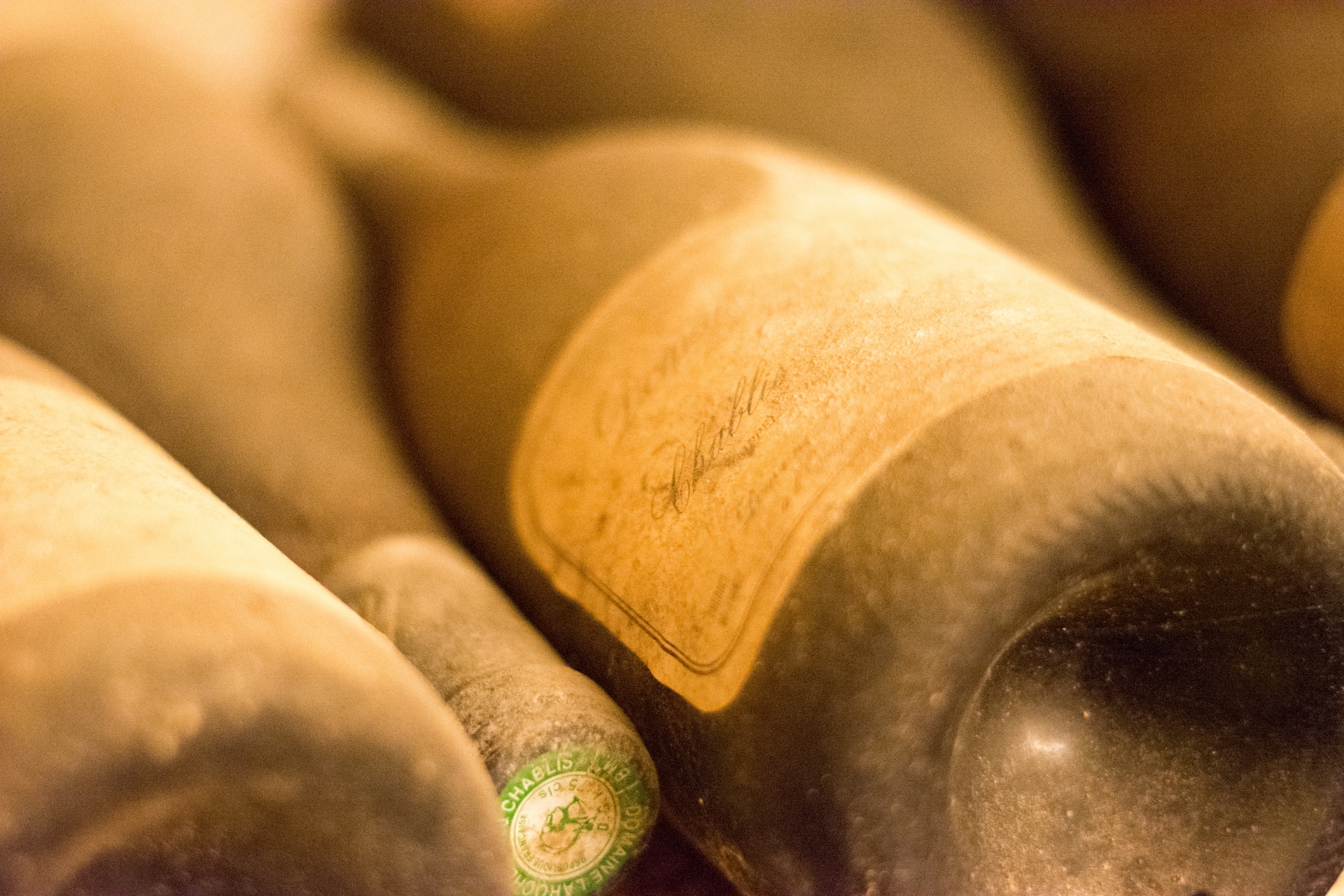 Aged bottles of champagne from Reims, France.