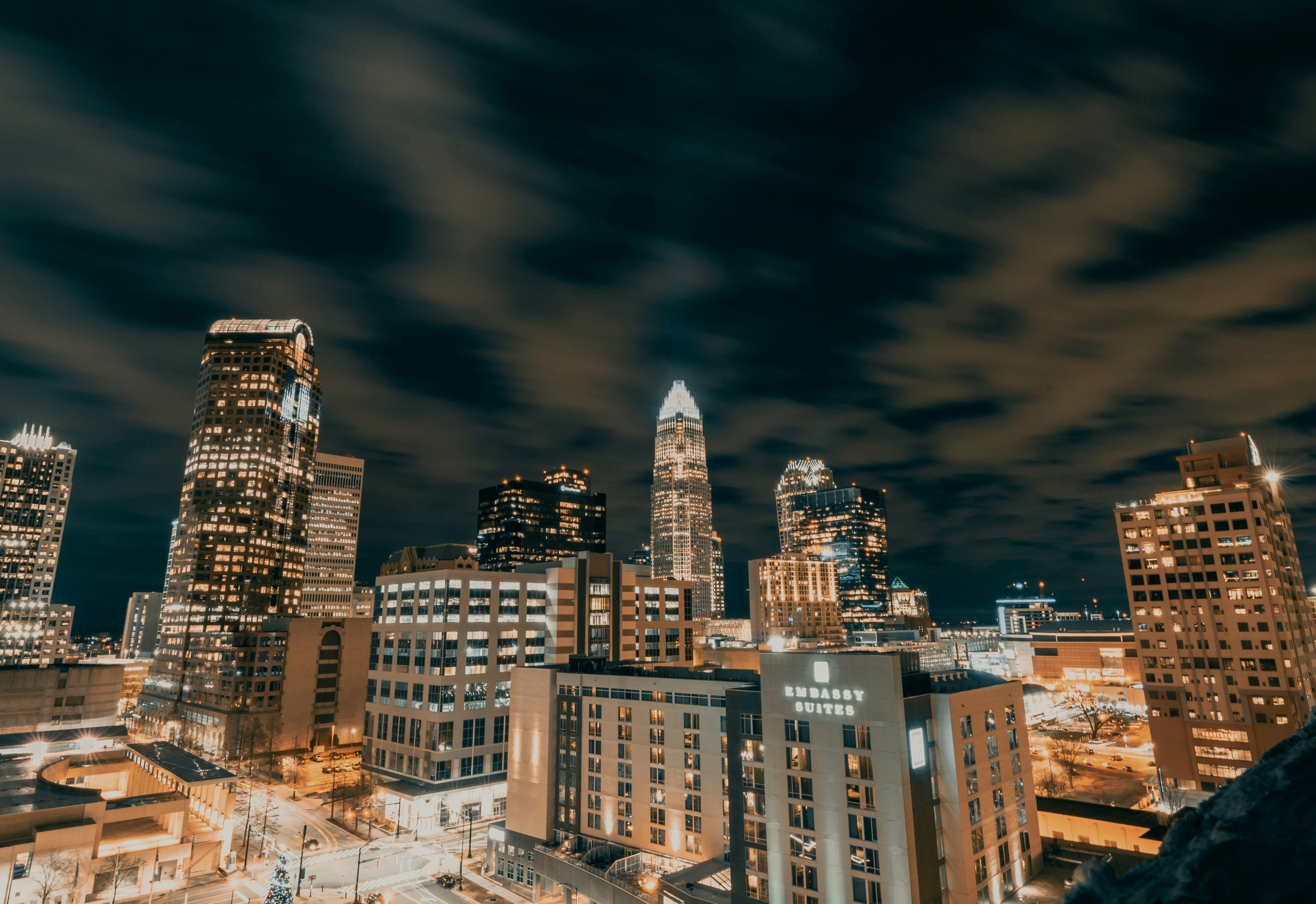An evening shot of the Charlotte skyline.