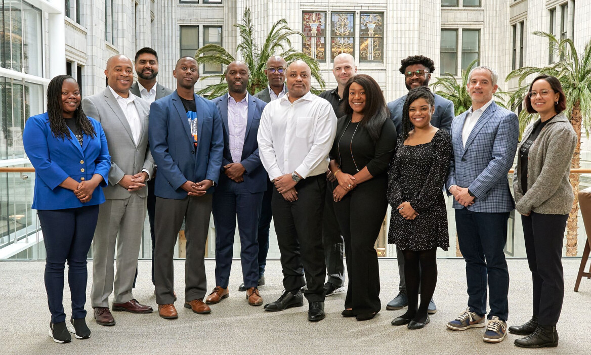 The Northwestern Mutual Black Founder Accelerator cohort, photographed together in an atrium.