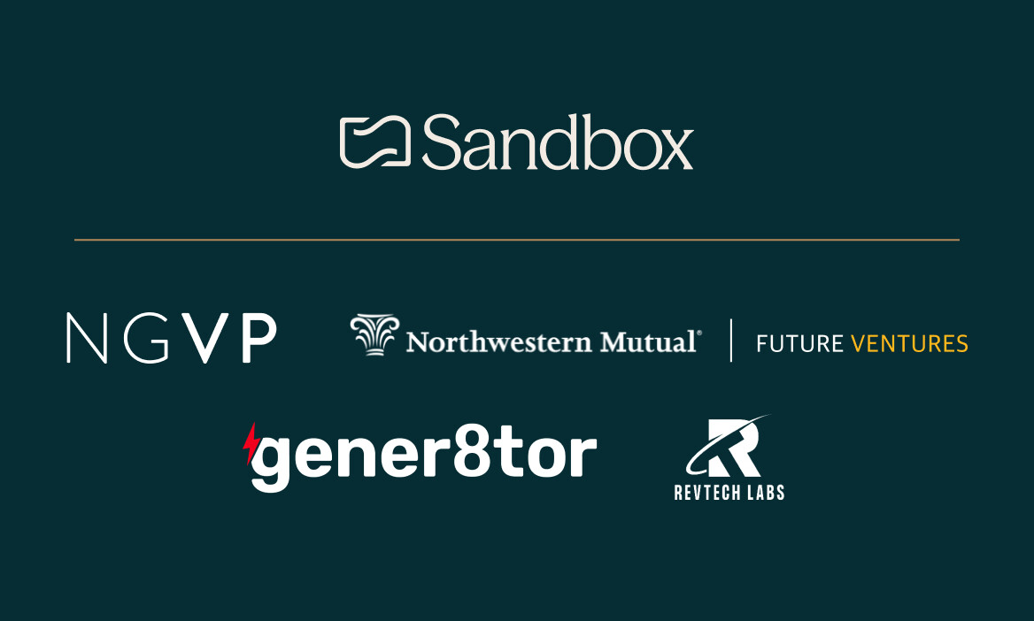 Sandbox above the logos of its investors: NGVP, Northwestern Mutual Future Ventures, gener8tor and RevTech Labs.