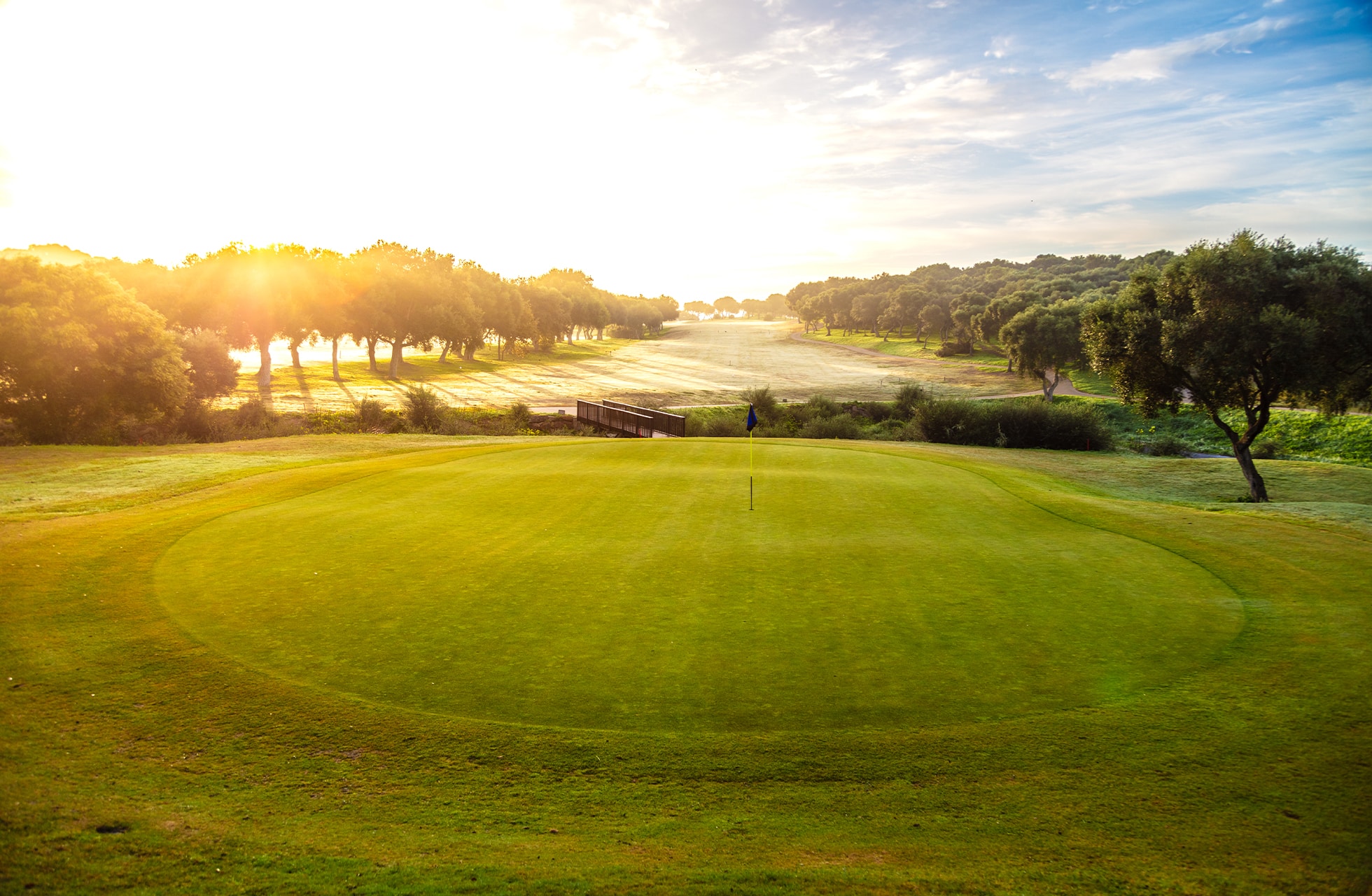 golfgreen med flagg i åpent landskap, omgitt av fairwayer og trær i varmt lys med lett dis i bakgrunnen