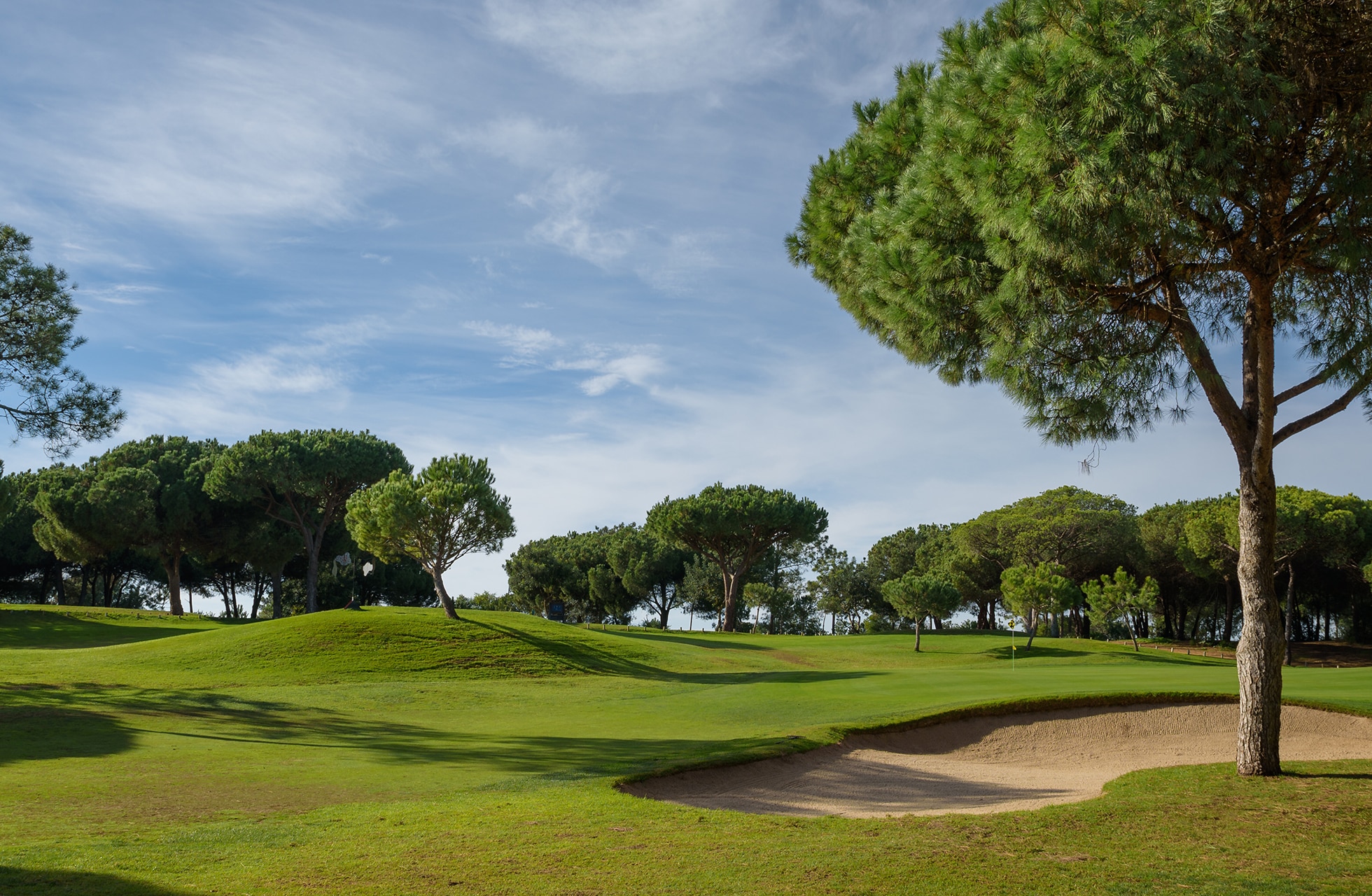 bølgende fairway med bunker og pinjetrær i åpent landskap på vila sol golfbane.