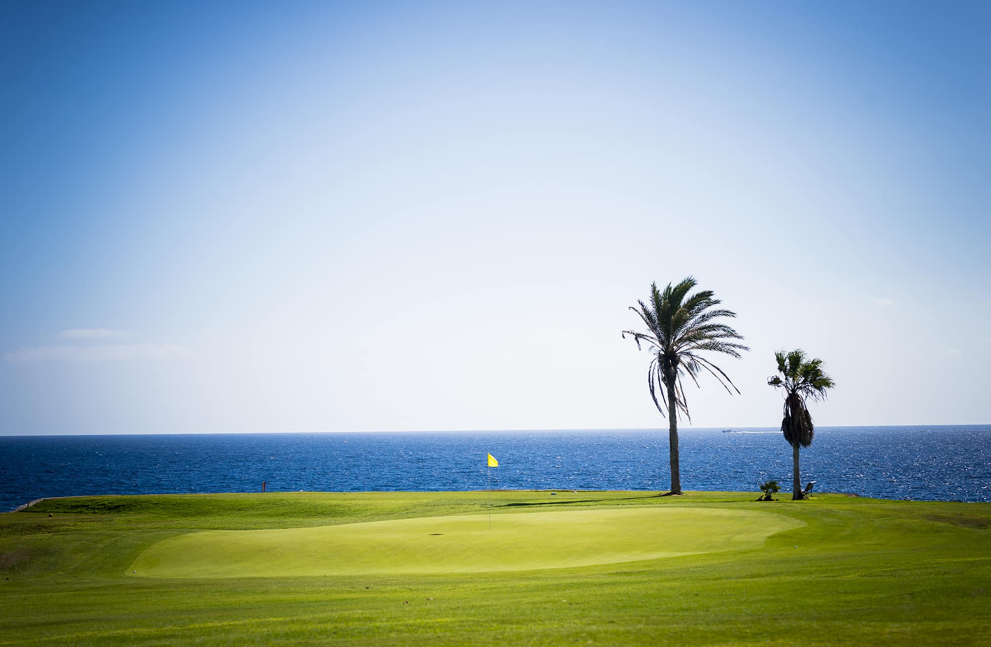 golfviheriö, jossa on lipputanko etualalla ja huoliteltu nurmi. kaksi palmua seisoo viheriön vieressä ja taustalla avautuu meri kirkkaan sinisen taivaan alla.