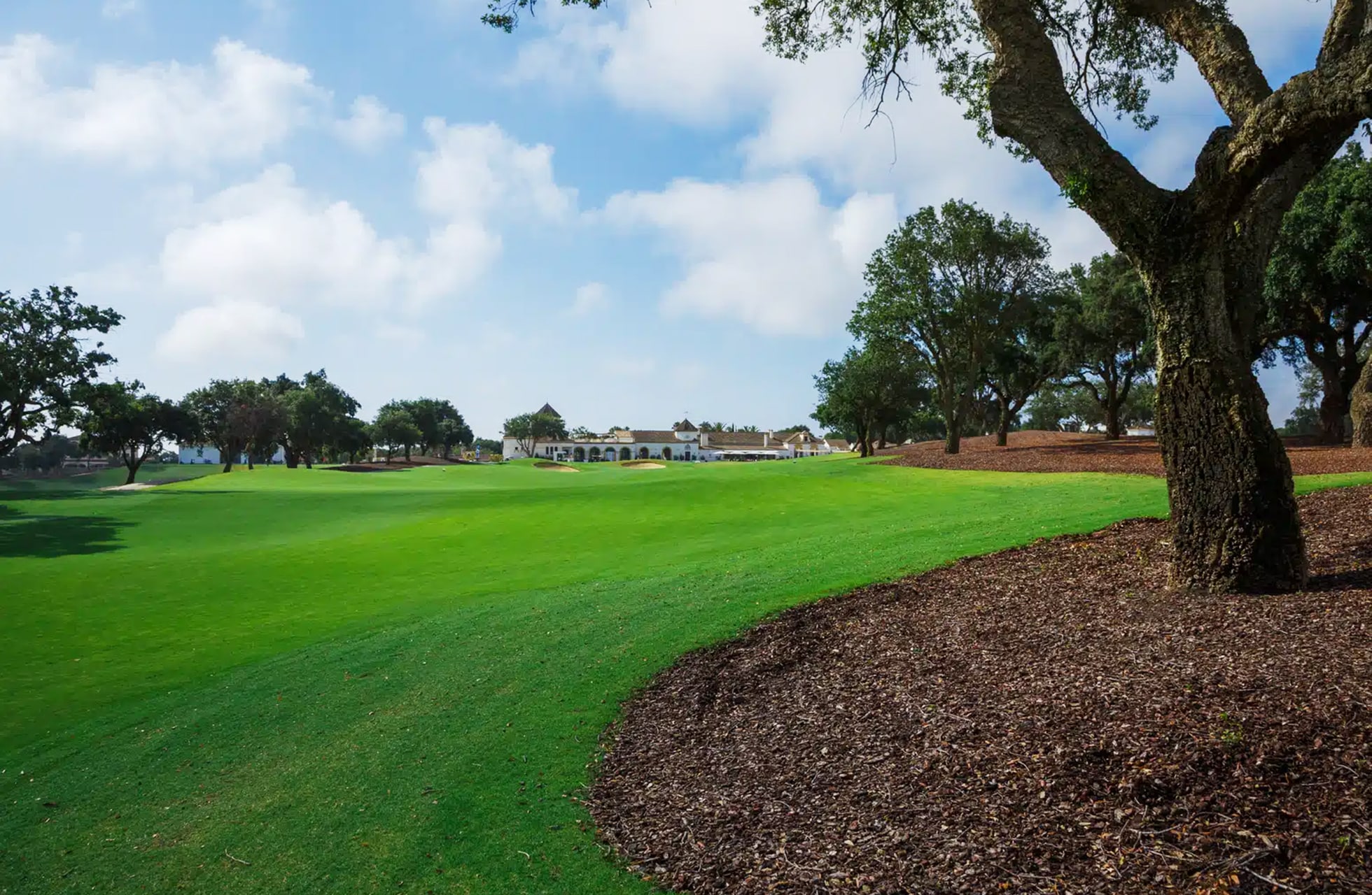 bred fairway i parklandskap på san roque new course, omgitt av trær med green og bygninger i bakgrunnen i mykt dagslys
