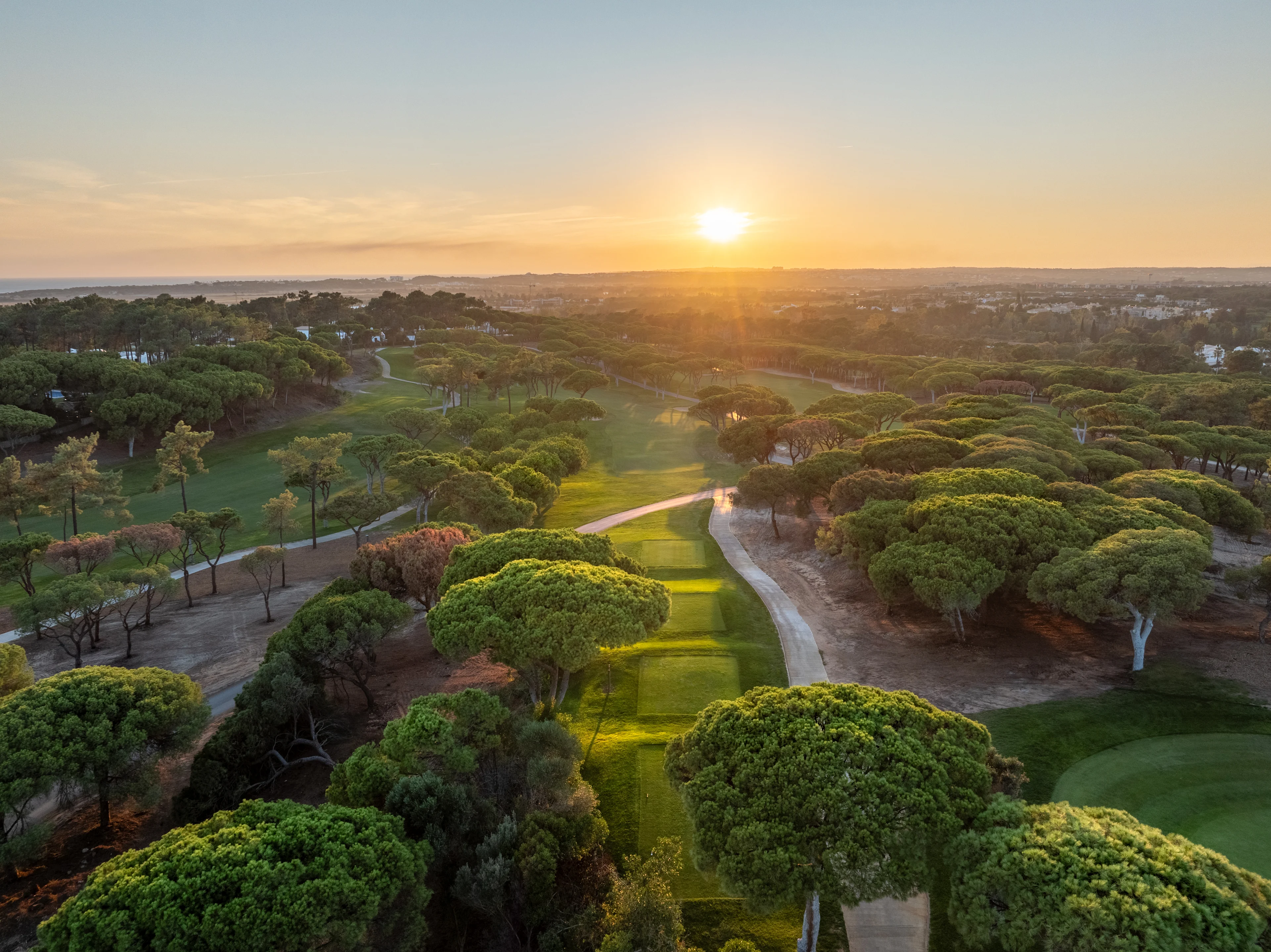 ilmakuva golfkentästä, väylistä ja mäntymetsästä auringon laskiessa