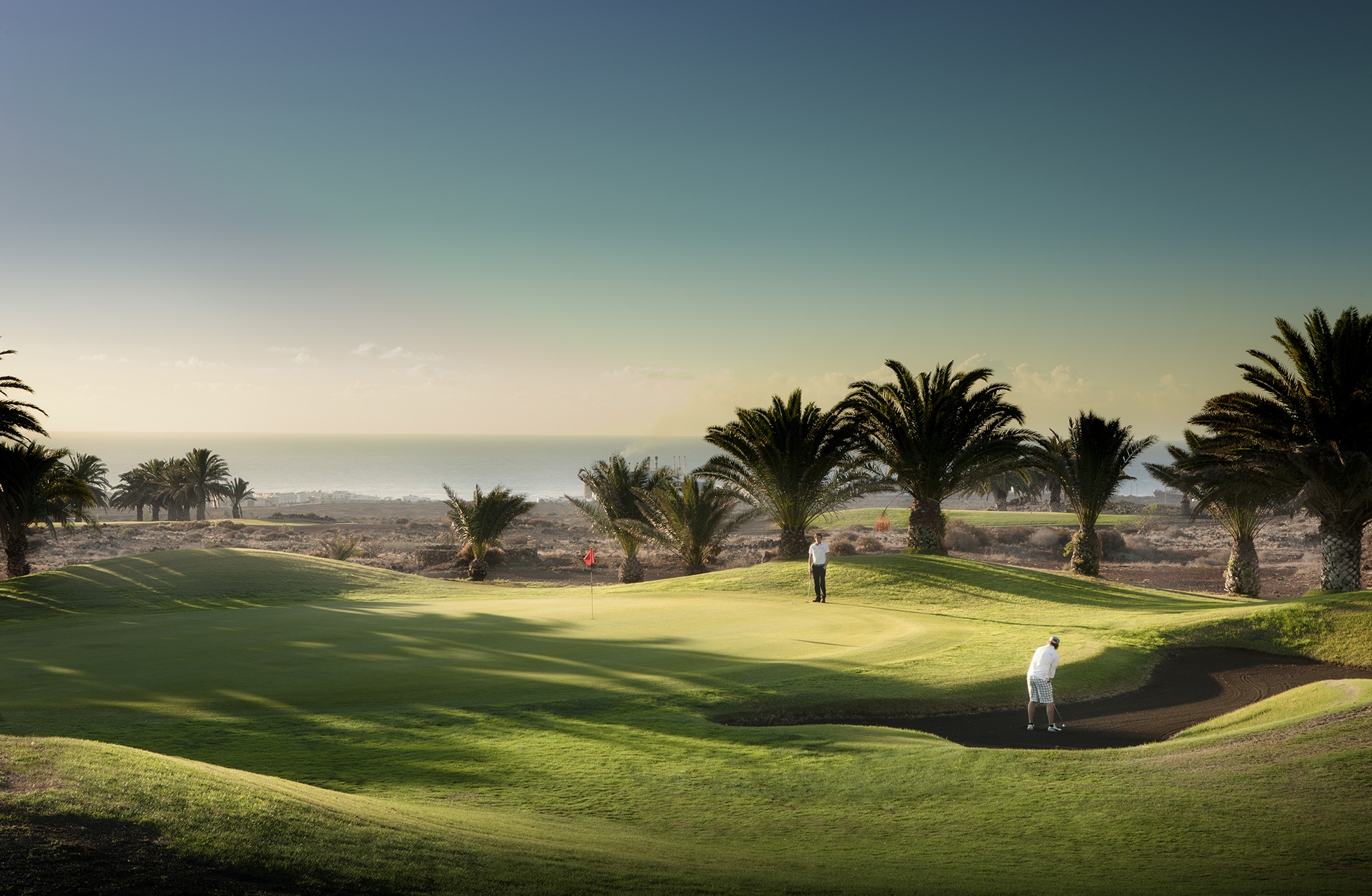 grønn golfbane med bølgende fairways, sandbunker og palmer i et åpent landskap med havet i bakgrunnen. en golfspiller er synlig på banen.