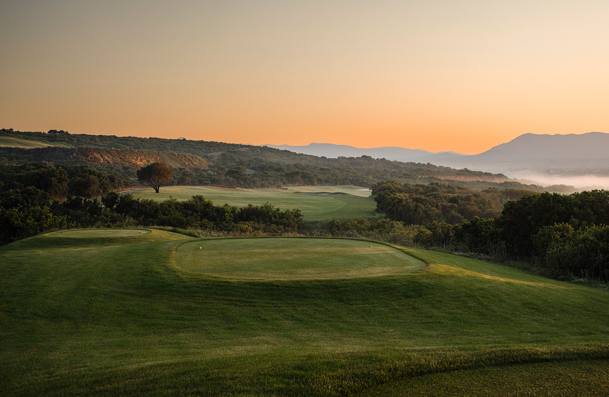 greenområde på golfbane omgitt av buskvegetasjon, fotografert i varmt kveldslys med fjell i det fjerne
