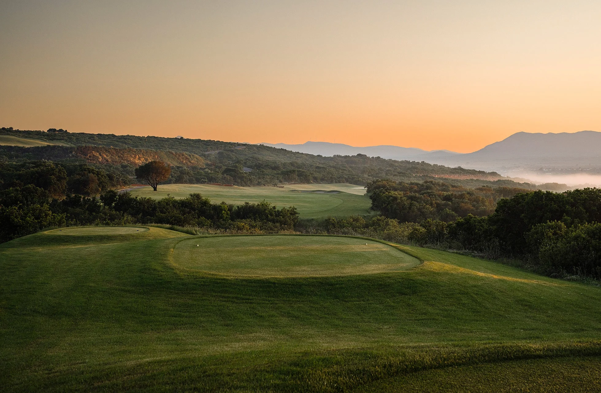 greenområde på golfbane omgitt av buskvegetasjon, fotografert i varmt kveldslys med fjell i det fjerne