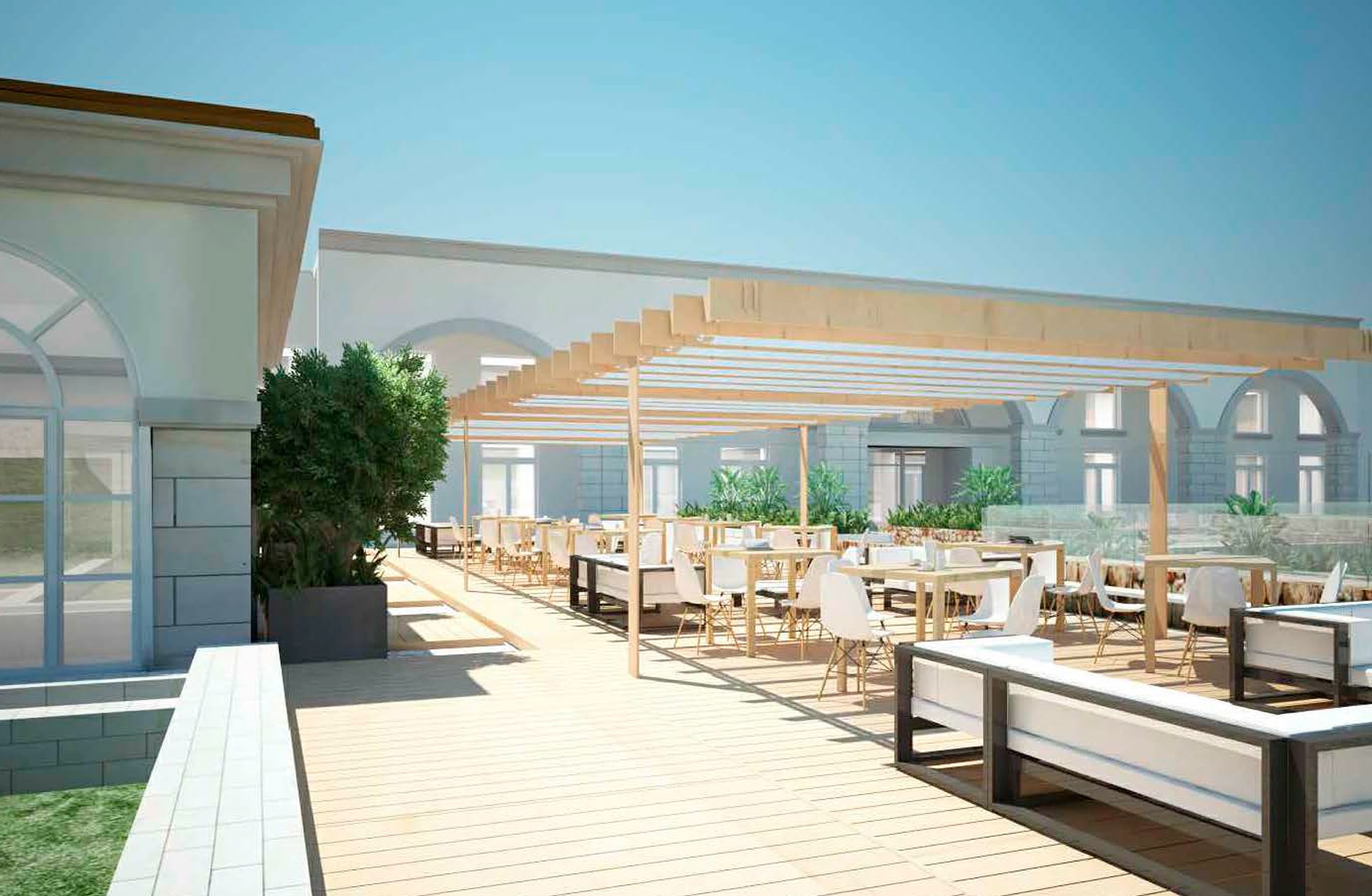 utendørs restaurant med tregulv, pergola og dekkede bord i solrikt middelhavsklima