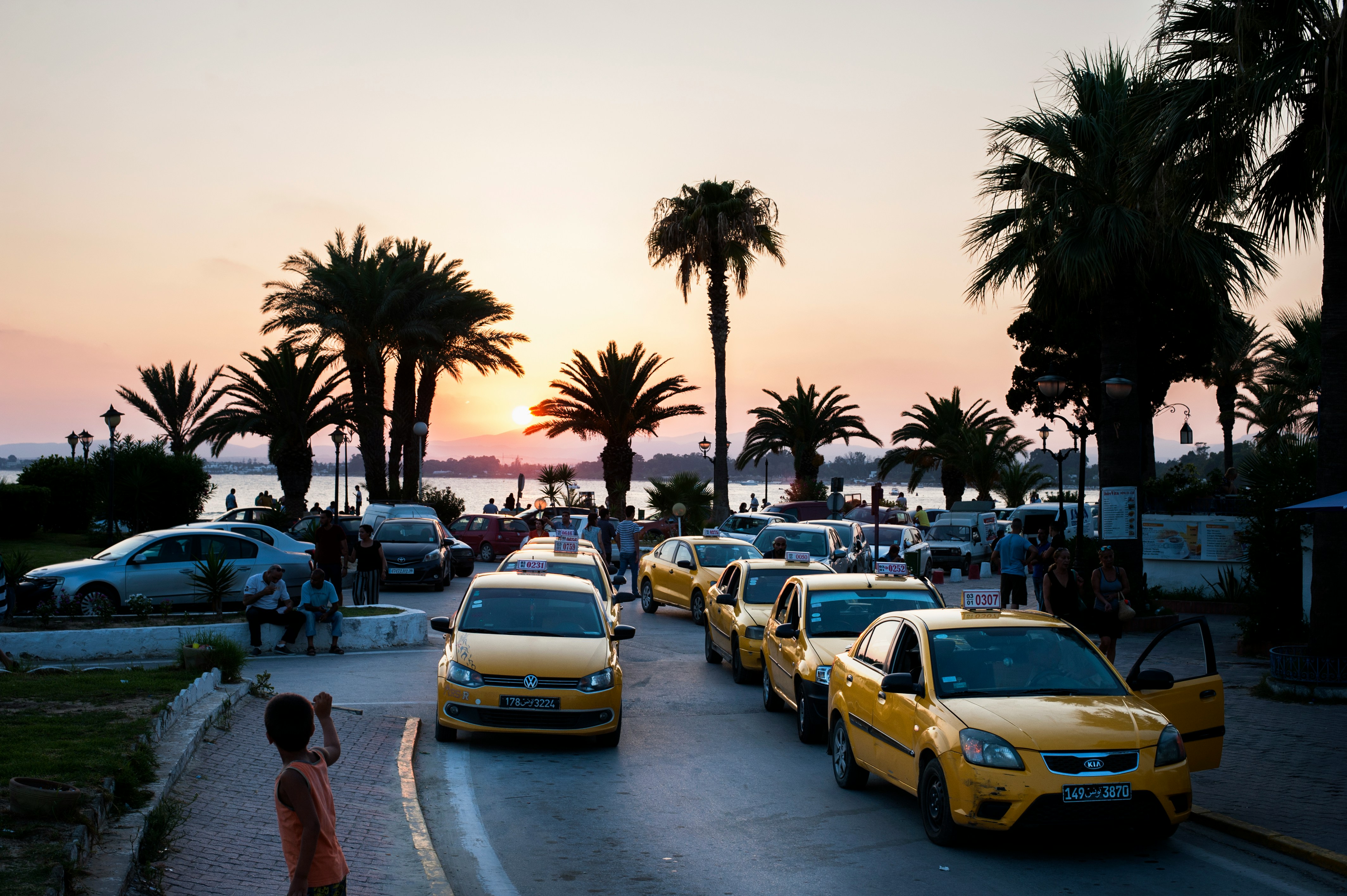 flere gule drosjer står parkert i en gate med palmer og hav i bakgrunnen under en solnedgang