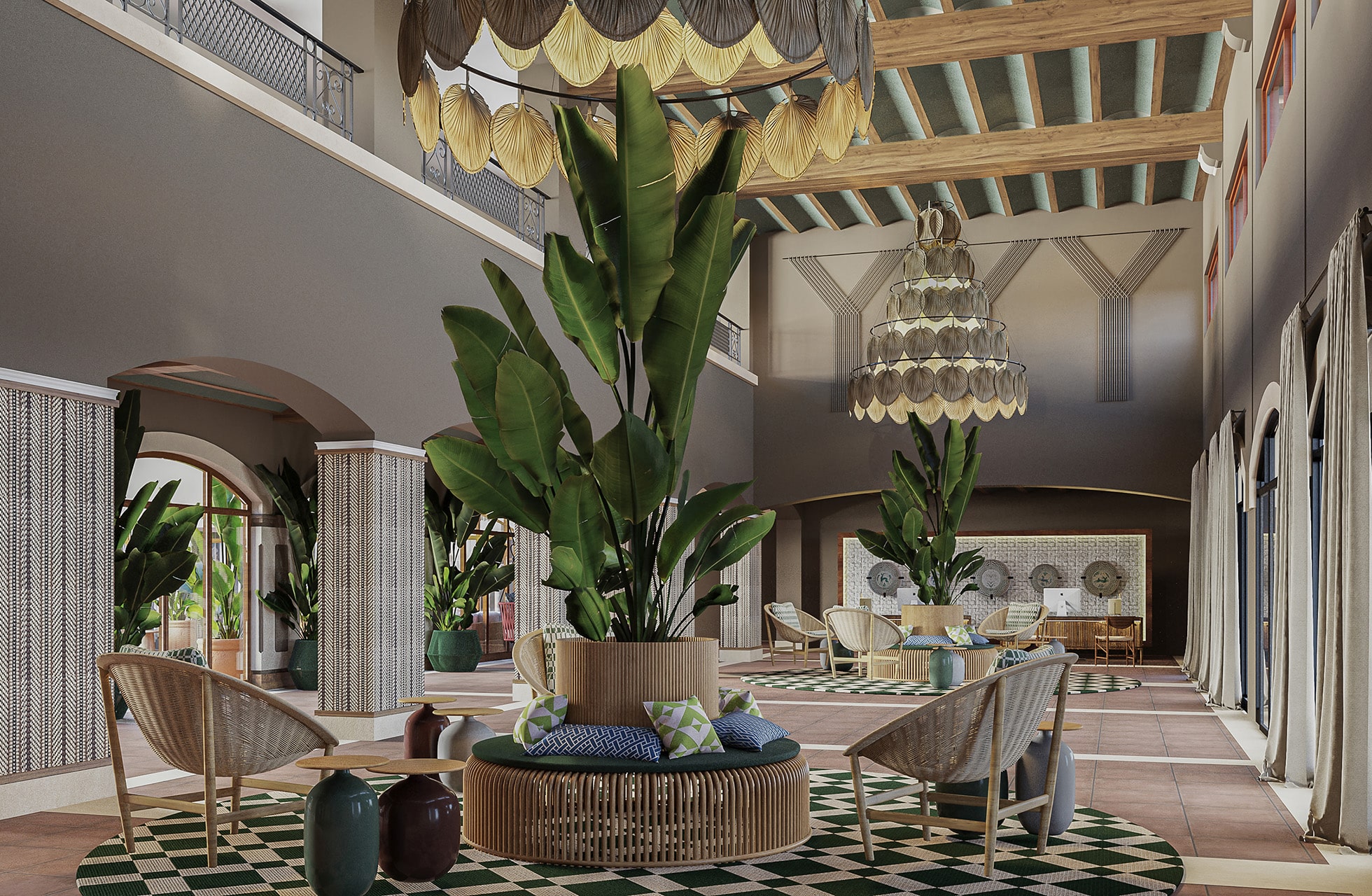 hotellresepsjon på son antem mallorca med lys og romslig lobby, sittegrupper, store grønne planter og moderne middelhavsinspirert interiør.