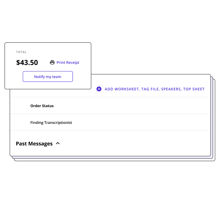 Product UI integration of Rev's legal transcription services where user can check total amount, print receipt and many more