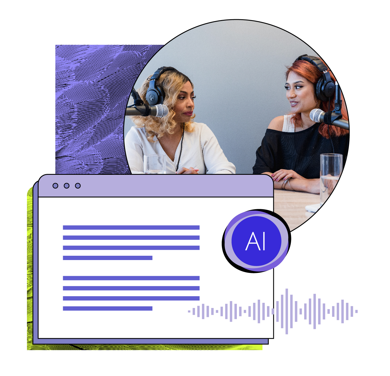 Video User Interface of a Podcast Host speaking to a guest with Rev's auto audio transcription Services embedded.