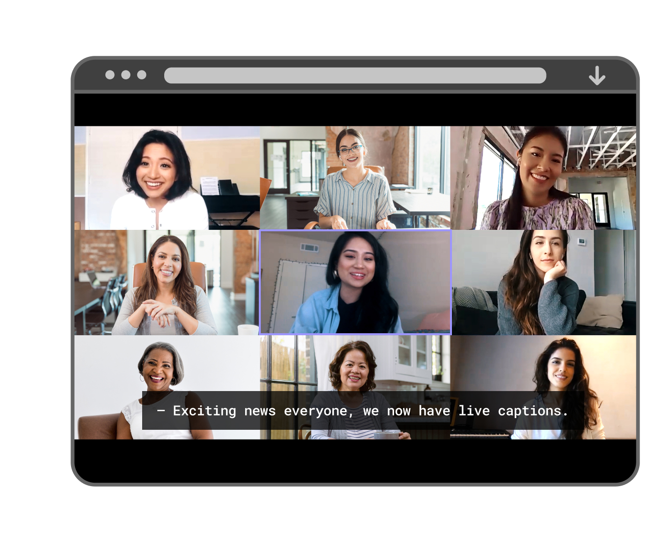 Video UI of nine participants enjoying Zoom sessions with Rev's automatic live captions services and Speech to text services