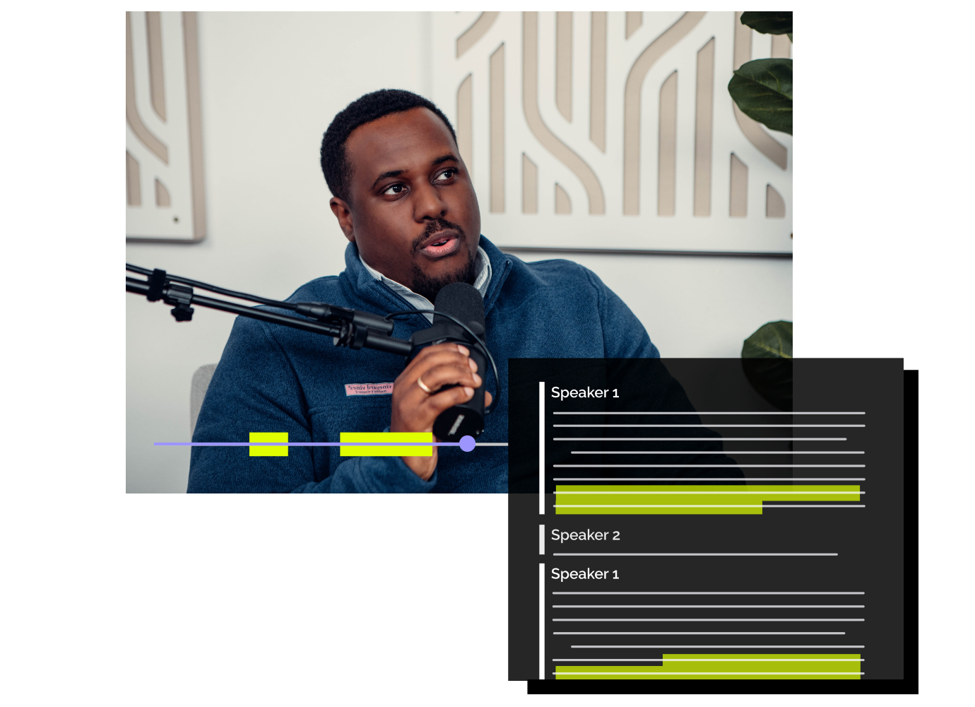 UI of Rev's audio and video editing  interactive editor to find key moments of dialogue with time-stamped transcription