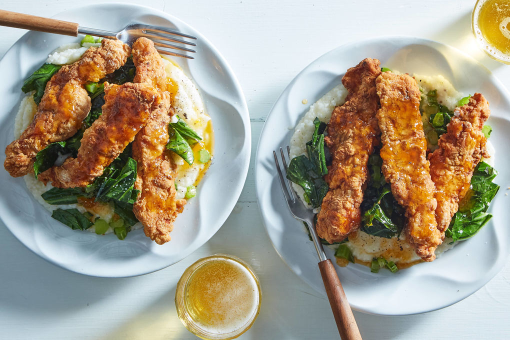 Southern Fried Chicken Tenders with Creamy Grits & Collard Greens