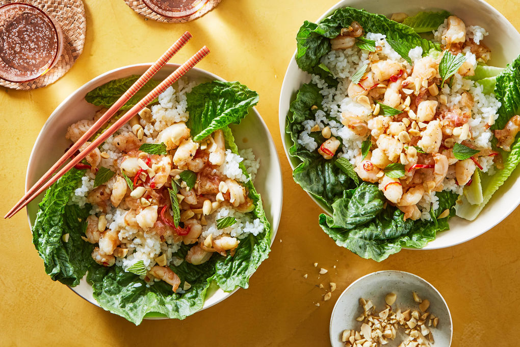 Thai Shrimp Lettuce Wrap Bowls with Mint, Sushi Rice, and Peanuts