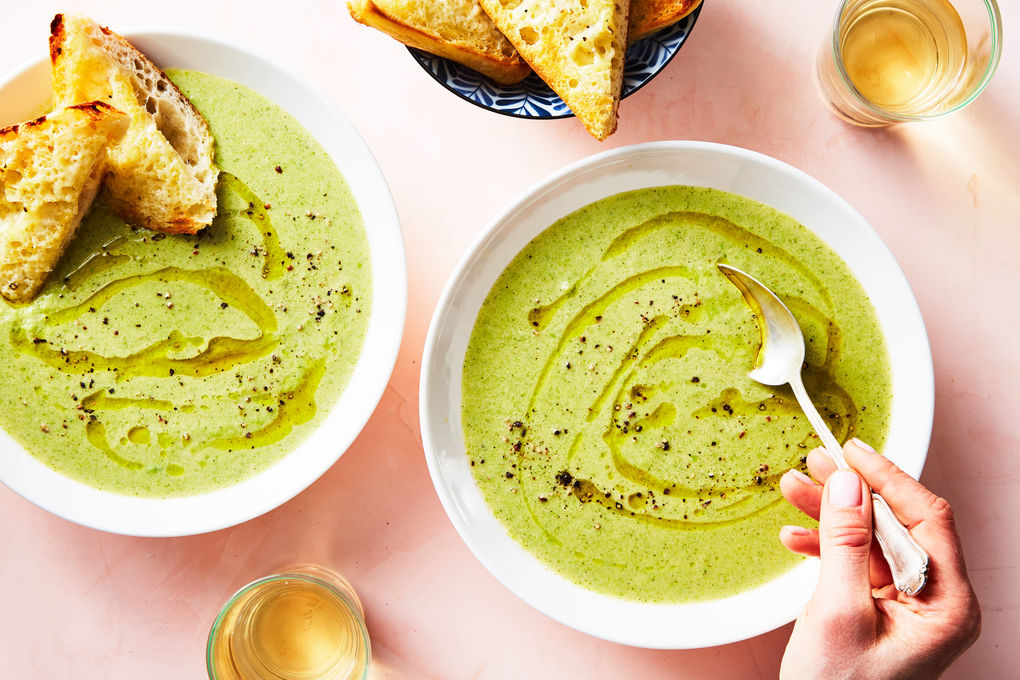 Broccoli-Cheddar Soup with Peas & Garlicky Ciabatta