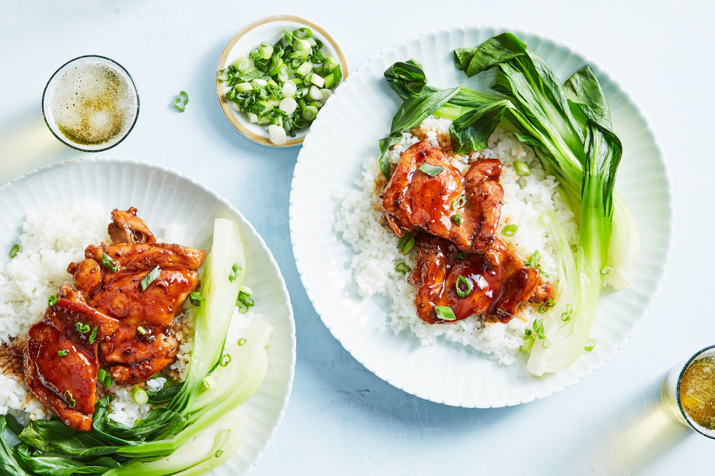 Caramel Chicken with Steamed Bok Choy and Rice