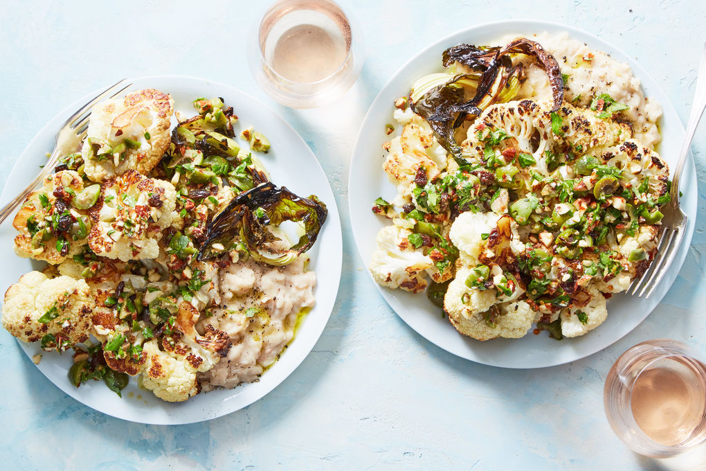 Cauliflower “Steak” with Almond-Olive Relish and Beans