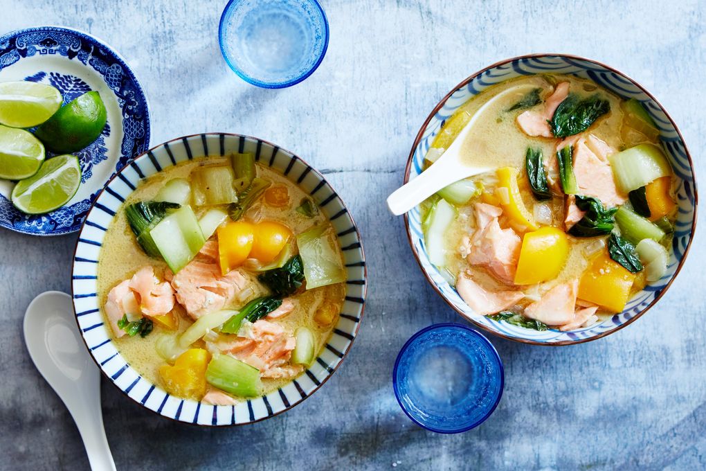 Coconut-Salmon Curry with Bok Choy and Yellow Pepper