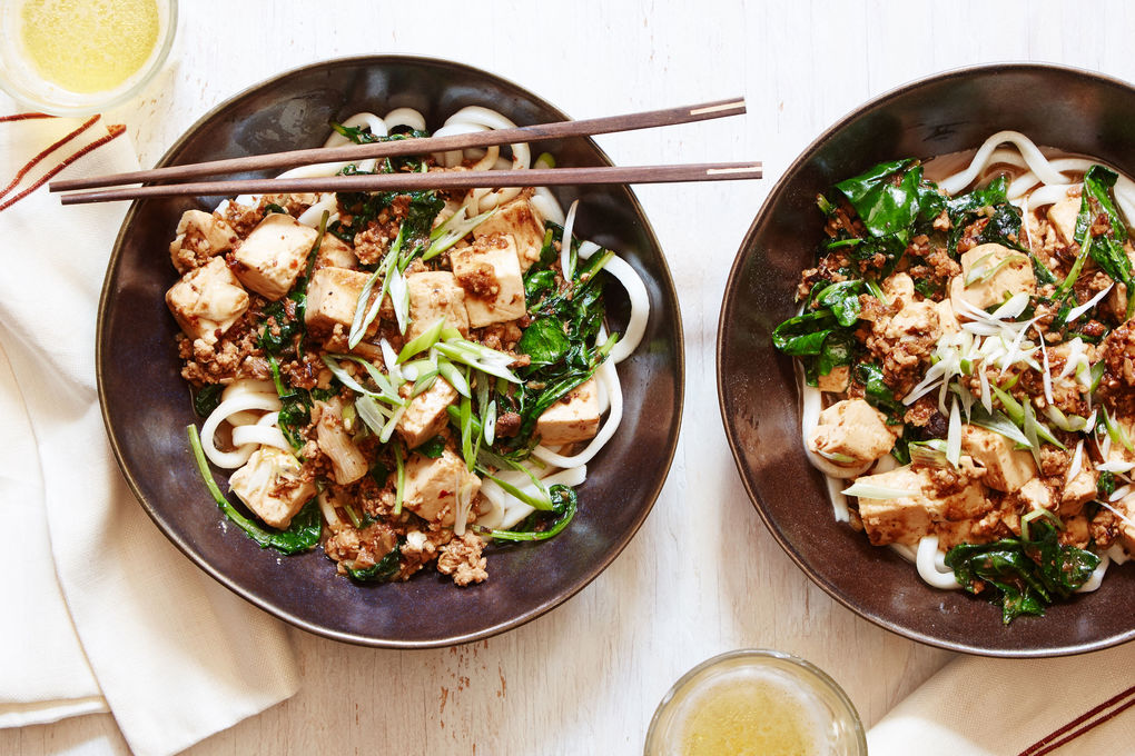 Mapo Tofu over Udon Noodles with Ground Pork and Baby Kale