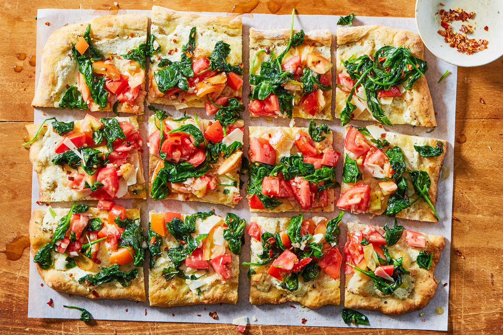 Three Cheese Pizza Florentine with Garlicky Spinach & Tomatoes