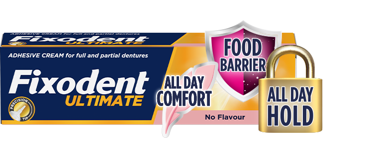 Fixodent Ultimate 3 in 1 denture adhesive with all day hold, all day comfort and food barrier.