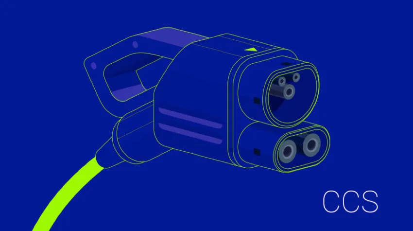 A diagram of a CCS charging post, on a blue background. 