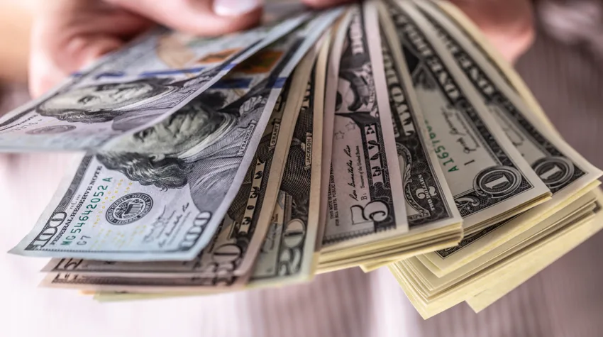 American dollars in different denominations, being held by a hand. 