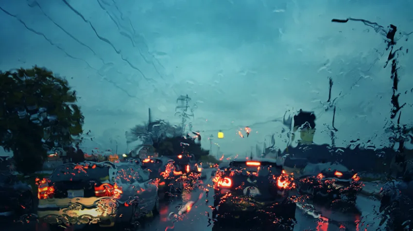 View from a wet windscreen out onto the road, which has stationary traffic.