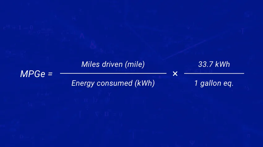 The formula for miles per gallon equivalent (MPGe) = (miles driven / energy consumed in kWh) X (33.7 kWh / 1 gallon eq.)