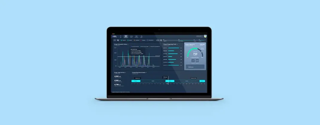A CGI image of Geotab software on a laptop, with a blue background. 